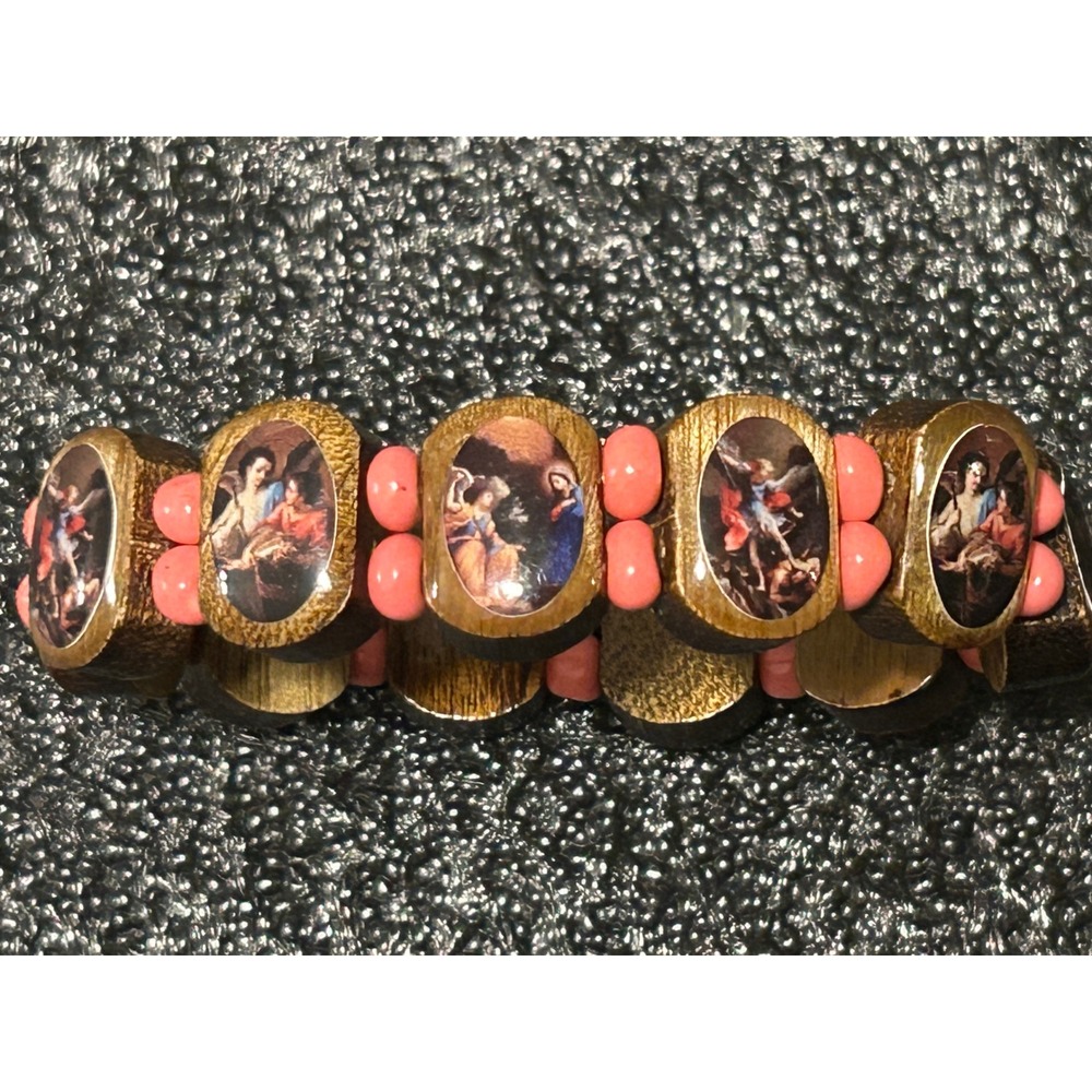 Catholic Religious Wood Icon Stretch Bracelet Pink Spacer Beads Saints Angels - Picture 2 of 6